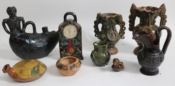 9 PCS. PENN & MORAVIAN REDWARE, BOTTLES, VASES,