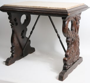 DOLPHIN CARVED MARBLE TOP TABLE, OAK, ORIGINAL