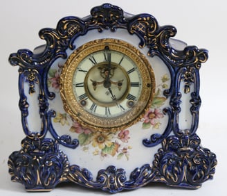 ANSONIA FLO BLUE CHINA CLOCK, TIME & STRIKE,