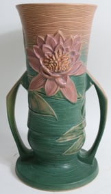 LARGE ROSEVILLE DOUBLE HANDLED VASE, WATER LILY,