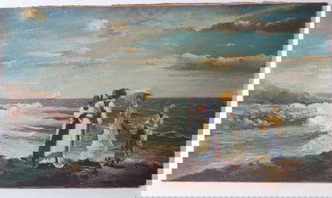 OIL ON CANVAS, LADIES ON SHORE LINE, EARLY TO MID