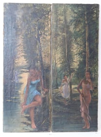 2 OIL ON CANVAS PAINTINGS, MAIDEN IN THE FOREST,