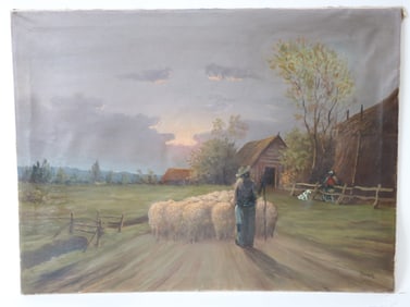 OIL ON CANVAS, FARM SCENE WITH SHEEP & FIGURES,