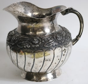 800 MEXICAN SILVER PITCHER, EMBOSSED FLORAL &