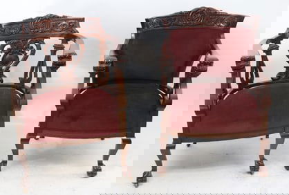 PAIR ORNATELY CARVED ARMCHAIRS, MAHOGANY, LATE