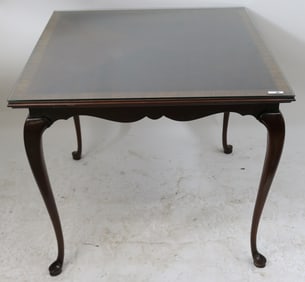 CUSTOM MAHOGANY SQUARE TOP TABLE, BANDED TOP Q.A.
