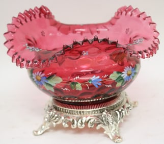 ENAMELED CRANBERRY GLASS BRIDE, BOWL RUFFLE TOP,
