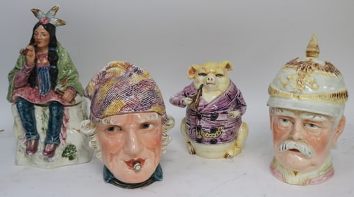 4 LATE 19TH C. FIGURAL TOBACCO JARS, GERMAN