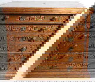 CLARKS 6 DRAWER SPOOL CABINET, OAK, ORIGINAL