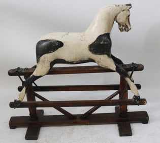 19TH C. CHILDS ROCKING HORSE, CARVED WOOD, LATER