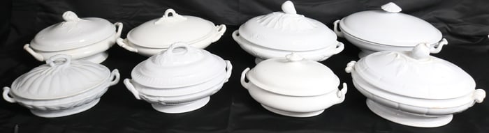 8 VICTORIAN WHITE IRONSTONE COVERED TUREENS,