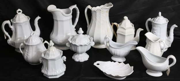 TWELVE 19TH C. WHITE TRANSFER STONE SERVING PCS,