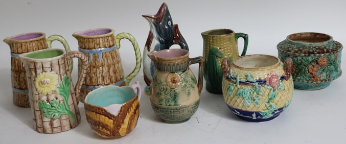 9 PCS. MAJOLICA, 19TH & 20TH C., CREAMERS, CORN