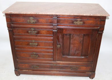 VICTORIAN WALNUT SERVER, MARBLE TOP, 6 DRAWERS, 1