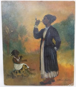 FOLK ART PAINTING, WOMAN WITH PIPE, CHILD & DOG,