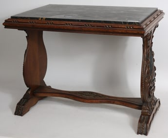 SMALL CARVED MARBLE TOP OCCASIONAL TABLE, CARVED