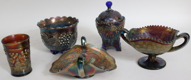 5 PCS. BLUE CARNIVAL GLASS, FOOTED BOWL, FOOTED