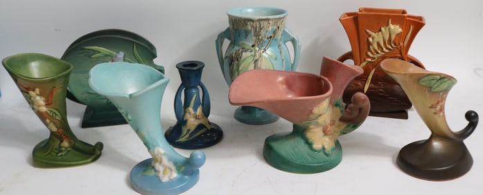 8 PCS. ROSEVILLE POTTERY, 3 CORNUCOPIA VASES, 6"