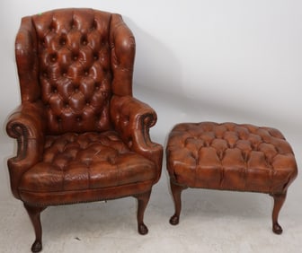 QUEEN ANNE STYLE WING CHAIR & OTTOMAN, TUFTED