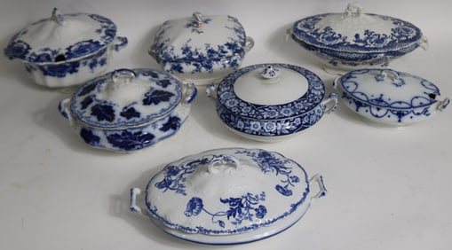 7 FLO BLUE COVERED TUREENS, VARIOUS PATTERNS, 4"