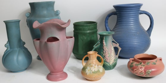 8 PCS. ART POTTERY, 2 WELLER VASES, 9" - 12" H,