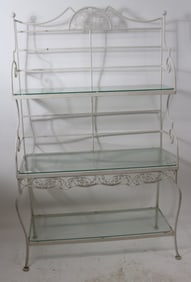 IRON BAKERS RACK, 3 PLATE GLASS SHELVES, WHITE