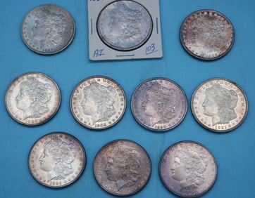 10 MORGAN DOLLARS, 1886, 1885, 1889, 1890, 1886,