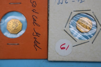 2 CALIFORNIA 1/2 GOLD COINS, OCTAGONAL, 1857 &