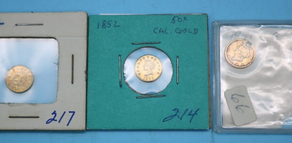 3 GOLD COINS, 1852 & 1854 CALIFORNIA 1/2 GOLD