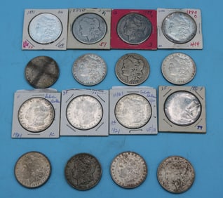 16 MORGAN SILVER DOLLARS, 1889 O, 1881, 1899 O,