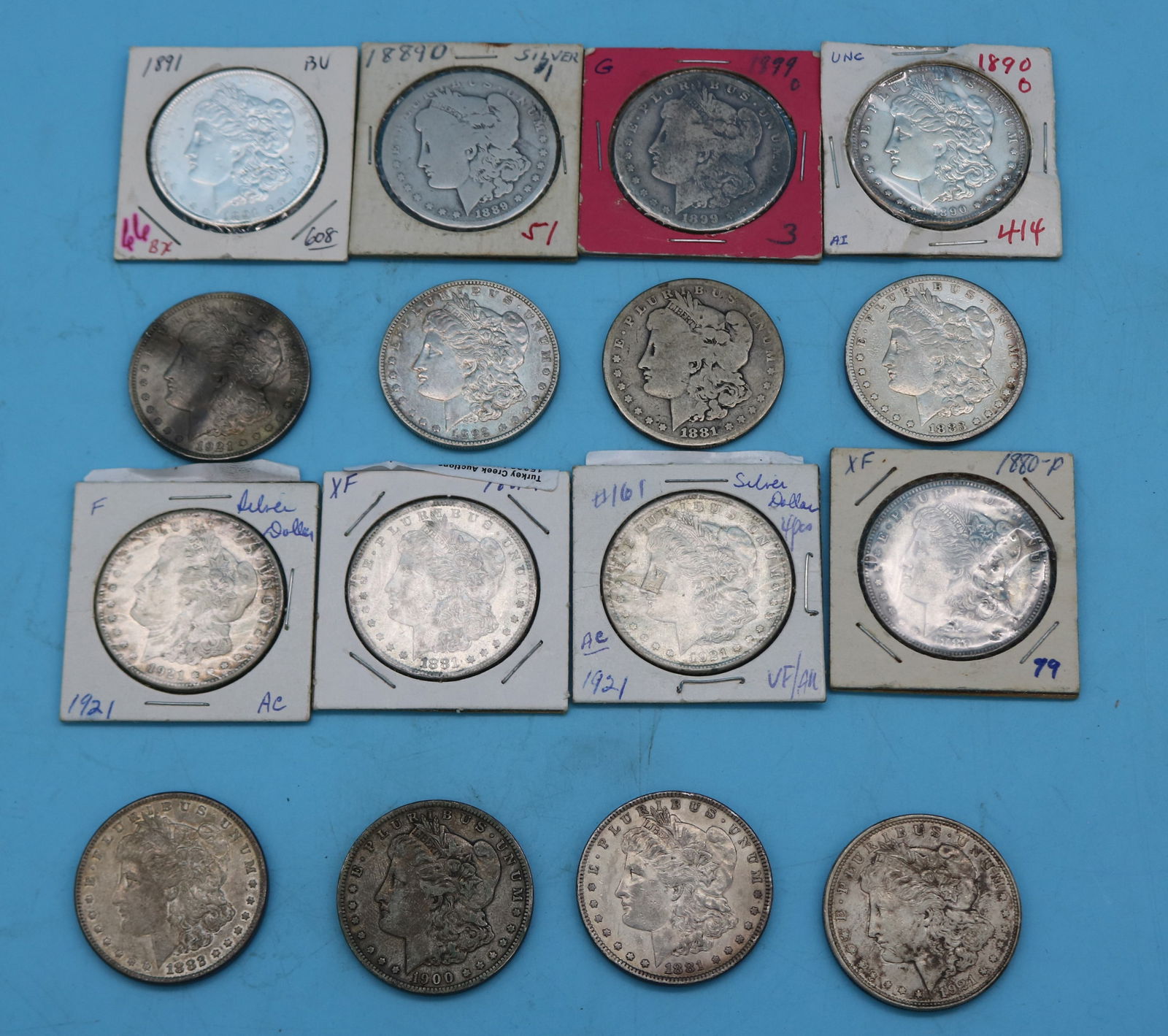 16 MORGAN SILVER DOLLARS, 1889 O, 1881, 1899 O, (1 of 6)