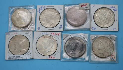 8 PEACE DOLLARS, (4) 1922, (1) 1924, (3) 1925,