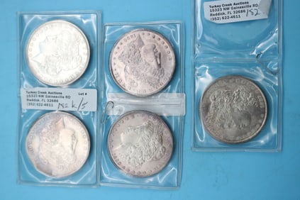 5 MORGAN DOLLARS, 1889, 1890, 1890, 1889, 1889,