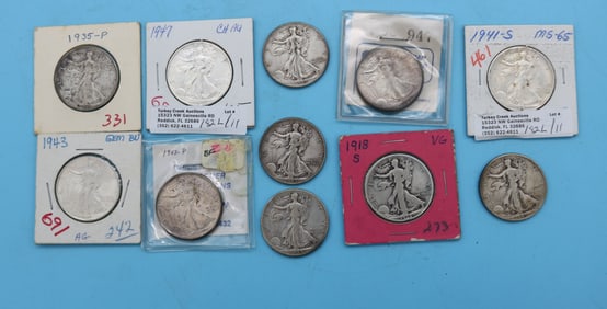 11 WALKING LIBERTY HALF DOLLARS, 5 IN UNC