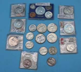 $7.35 FACE SILVER, 10 FRANKLIN HALF DOLLARS, MOST