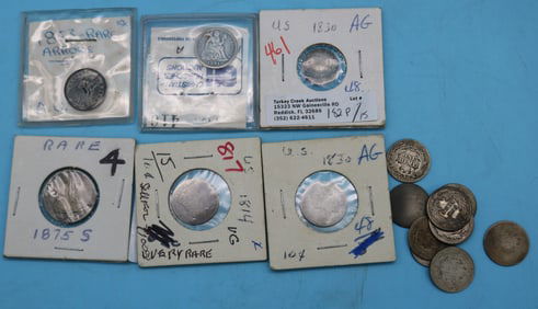 15 EARLY SILVER COINS, 11 SEATED LIBERTY DIMES,