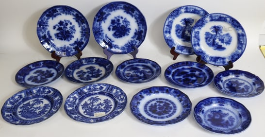 13 FLO BLUE PLATES, 19TH C., 2 KYSER 9" H, 2