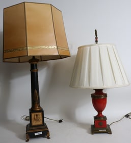 2 CLASSICAL STYLE TOLE TABLE LAMPS, 1 URN SHAPE,