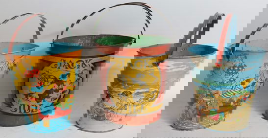 3 VINTAGE LITHO TIN SAND PAILS, GOOD OVERALL