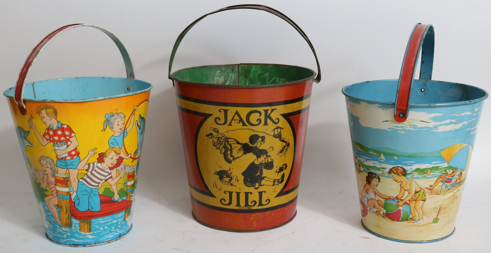 3 VINTAGE LITHO TIN SAND PAILS, GOOD OVERALL (1 of 2)