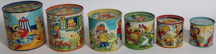 6 GRADUATED LITH TIN SAND TOYS, NURSERY RHYME