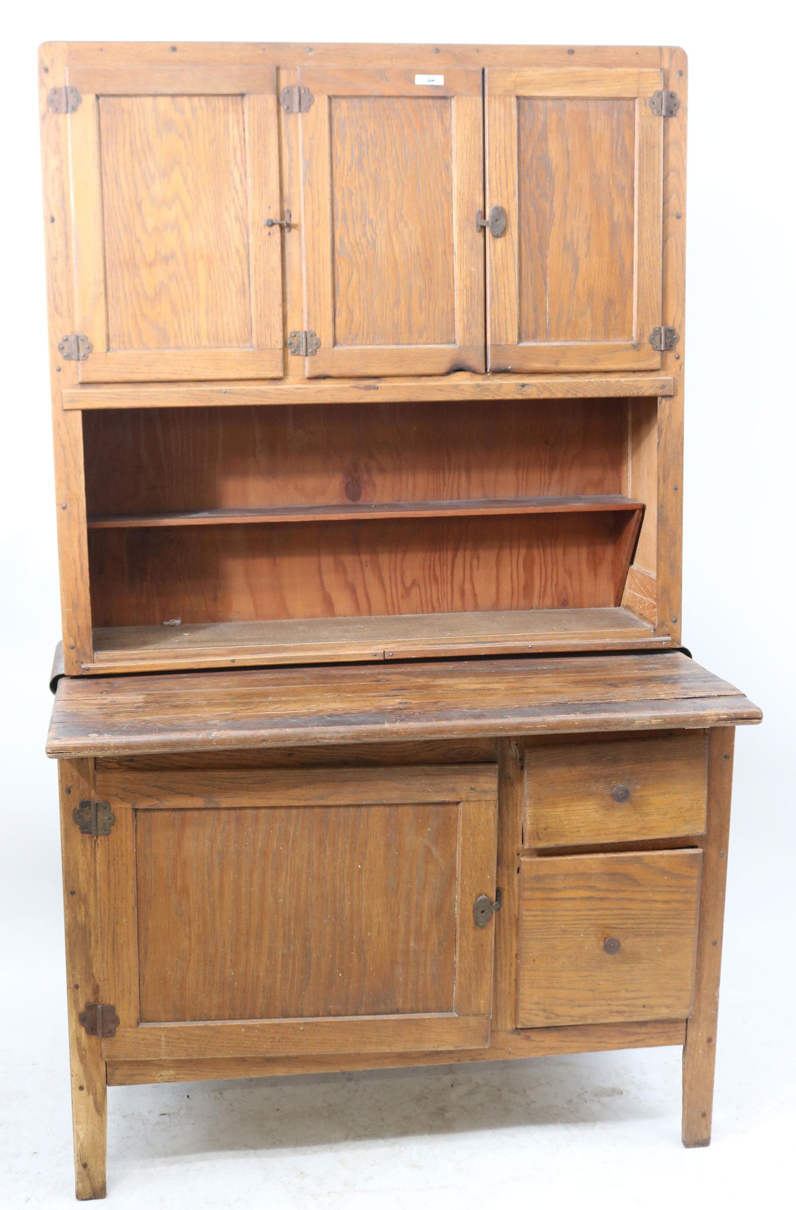 OAK HOOSIER CABINET, REFINISHED MISSING DOORS,: LATCHES AS IS, MISSING METAL WORK TOP, 70" H, 43" W, 24 1/2" D