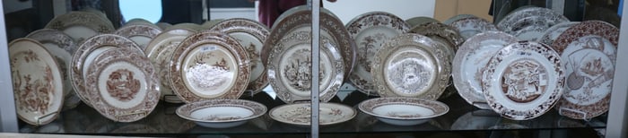 23 EARLY BROWN TRANSFER PLATES, 4 3/4" - 10 1/2"