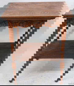 SQUARE OAK PLANT STAND, 2 TIER, CARVED SKIRT, OLD