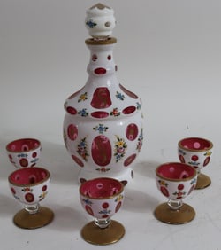 BOHEMIAN CRANBERRY CUT OVERLAY LIQUOR SET WITH