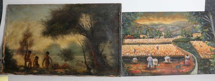 2 FOLK ART PAINTED, OIL ON CANVAS, 4 NUDE WOMEN &