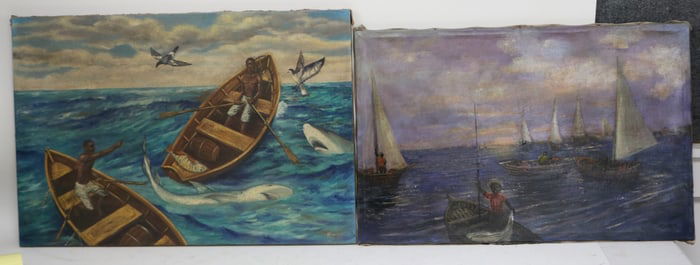 2 FOLK ART PAINTINGS, OIL ON CANVAS, MEN IN