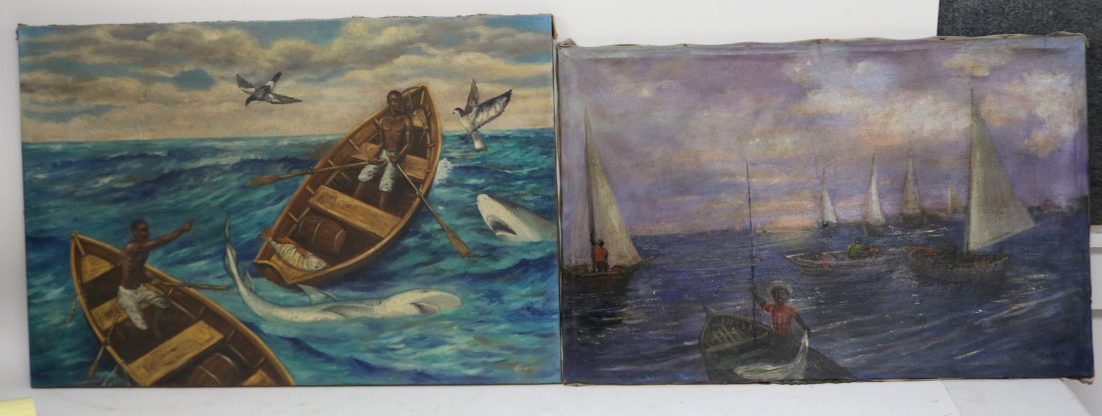 2 FOLK ART PAINTINGS, OIL ON CANVAS, MEN IN (1 of 4)