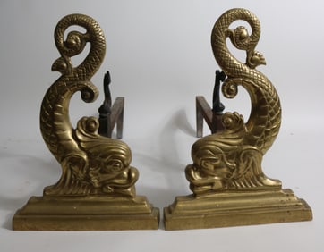 PAIR HEAVY CAST BRASS DOLPHIN ANDIRONS, 1 WITH