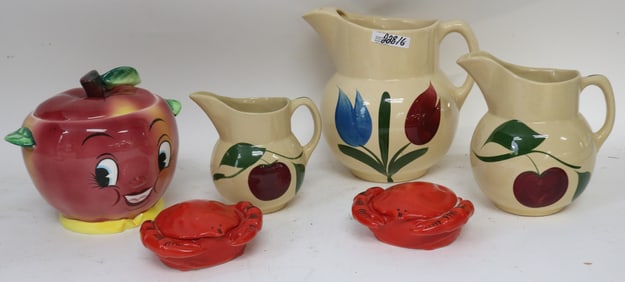6 PORCELAIN ITEMS, 2 WATT APPLE PITCHERS, 5 1/4"
